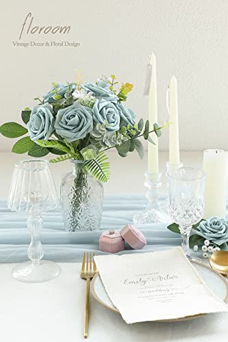 Artificial Flowers 25pcs Real Looking Dusty Blue Foam Fake Roses with Stems for DIY Wedding Bouquets Bridal Shower Centerpieces Floral Arrangements Party Tables Home Decorations (25 Count)