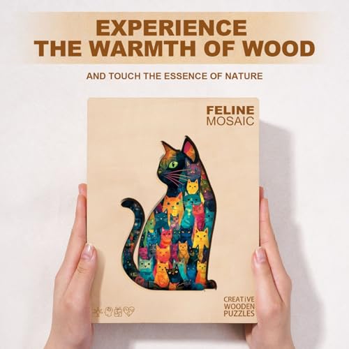 Mosaic Many Faces Sitting Black Cat Puzzles Adults Gifts Wooden 130 Pieces 12.3 * 7.8in (130 Count)