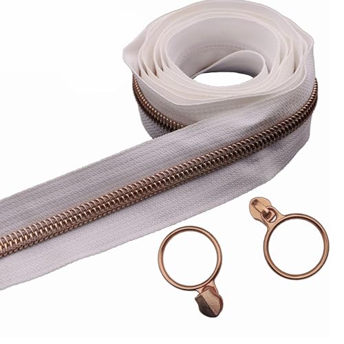 5 Rose Gold Metallic Teeth Nylon Coil Zippers by The Yard Bulk 10 Yards White Zipper Tape with 25pcs Rose Gold Ring Pull Sliders for DIY Sewing Tailor Craft Bag
