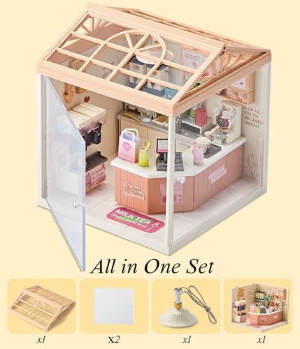Bubble Tea Shop DIY Miniature House Kit with Roof & LED Light