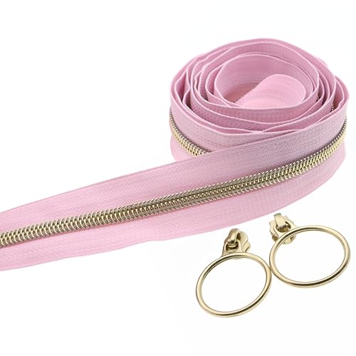 5 Gold Metallic Nylon Coil Zippers by The Yard Bulk 10 Yards Pink Zipper Tape with 25pcs Gold Ring Pull Sliders for DIY Sewing Tailor Craft Bag (25 Count)