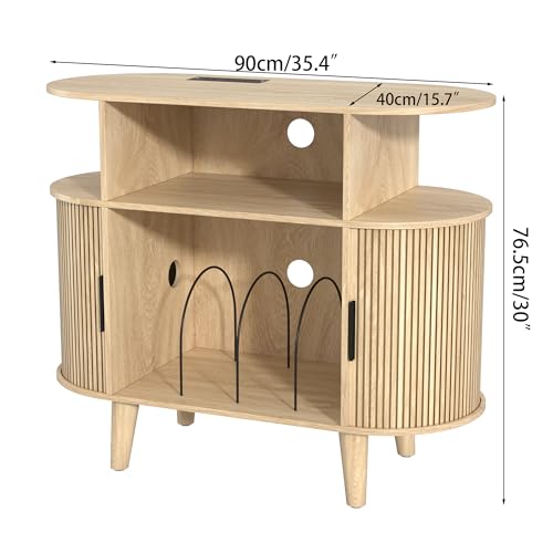 Large Round Record Player Stand with Charging Station & USB Ports