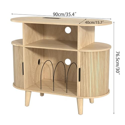 Large Round Record Player Stand with Charging Station & USB Ports