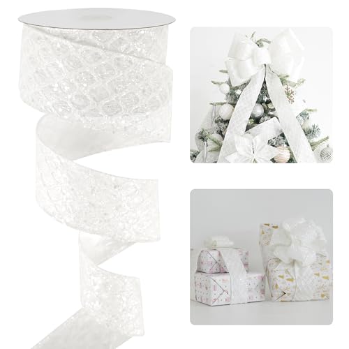 White Glitter Diamond Wired Christmas Ribbon 2.5 inch x 10 Yards (30 Foot)