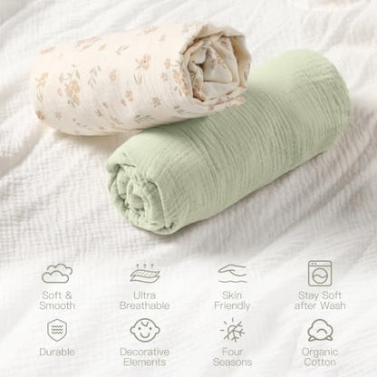 Organic Baby Crib Sheets 52x28 Inches 2 Pack 100% Muslin Cotton Soft Boho Toddler Fitted Crib Bed Mattress Sheet for Baby Girls Fits Standard Size Crib Mattress 28x52 Inches Blossom & Grass Green (2 Count)