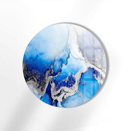 39,4''(100cm) Diameter Blue Marble Round with Silver Details Glass Wall Art Tempered Glass Printing Wall Decor Large Wall Art Wall Hangings