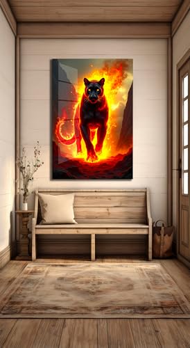 Fiery Black Panther Glass Wall Art Painting for Living Room
