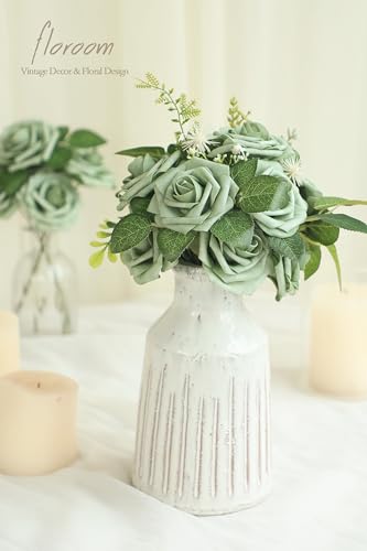 Artificial Flowers 25pcs Real Looking Elf Green Foam Fake Roses with Stems for DIY Wedding Bouquets Bridal Shower Centerpieces Sage Green Floral Arrangements Home Decorations (25 Count)