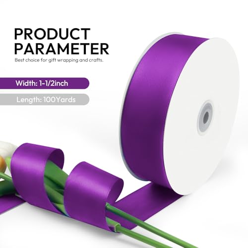 1-1/2 Inch 100 Yards Satin Ribbon Purple, Solid Color Fabric Ribbon for Gift Wrapping, Wedding, Polyester Gift Ribbon for Birthday Party Decoration, Craft, Hair, Floral, Sewing (300 Foot)