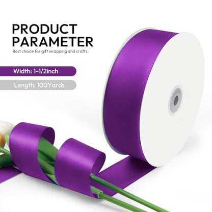 1-1/2 Inch 100 Yards Satin Ribbon Purple, Solid Color Fabric Ribbon for Gift Wrapping, Wedding, Polyester Gift Ribbon for Birthday Party Decoration, Craft, Hair, Floral, Sewing (300 Foot)