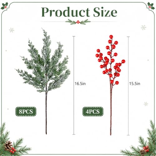 12 Pcs 16.5" Artificial Christmas Snow Pine Branches with Red Berry Stems (12 Count)