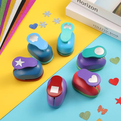 6 Pcs Colorful Craft Hole Punch with 10 Glitter Cardstock Papers (6 Count)