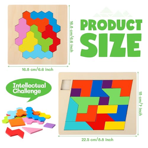 3 Pack Large Wooden Blocks Puzzles Hexagon Tangram Puzzle Wooden Russian Brain Puzzles for Adult Challenge Teasers Geometric Jigsaw Logic Iq STEM Educational Gift Graduation (3 Count)