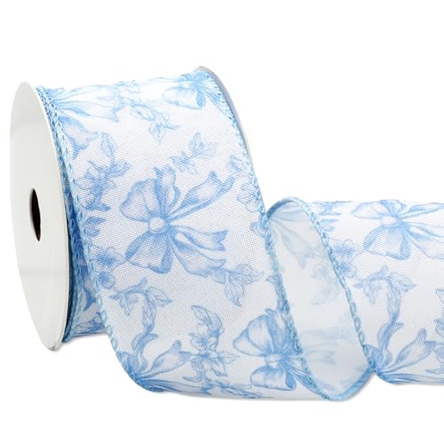 Blue Floral Bow Wired Edge Ribbon Chinoiserie Flower Bowknot Fabric Ribbon for DIY Crafts Wreath Bow Making Supplies