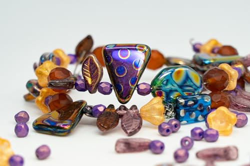 1.4oz (40g) Limited Mix of Czech Glass Beads, Hand Made Set Kit, Purple Fantasy Golden Bell Flowers