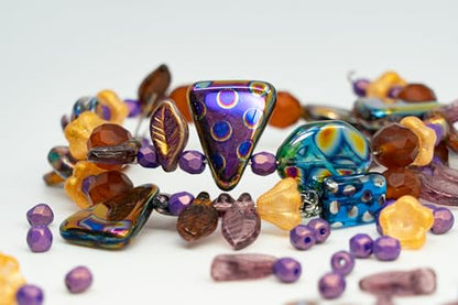 1.4oz (40g) Limited Mix of Czech Glass Beads, Hand Made Set Kit, Purple Fantasy Golden Bell Flowers