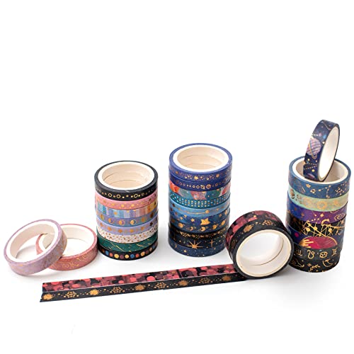 Skinny Galaxy Washi Tape Set 30 Rolls Gold Foil Decorative Starry Space Masking Tapes for Arts (295 Foot)