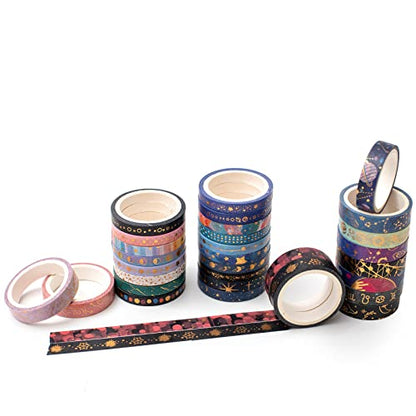 Skinny Galaxy Washi Tape Set 30 Rolls Gold Foil Decorative Starry Space Masking Tapes for Arts (295 Foot)