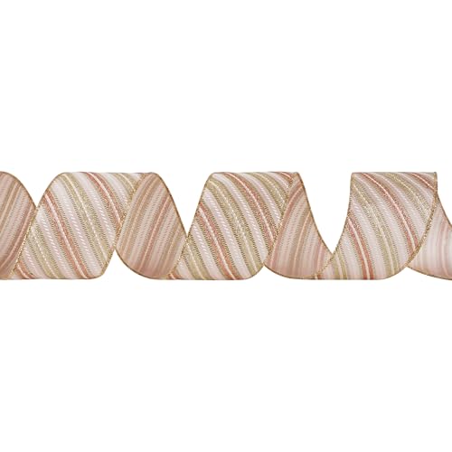 Pink Diagonal Striped Ribbon 2.5 Inch Blue Satin with Rose Gold and Champagne Glitter Wired Ribbon for Christmas Tree (30 Foot)
