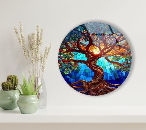 60WX40H'' Stained Blue Life of Tree Glass Wall ArtTempered Glass Printing Wall Decor Large Wall Art Wall Hangings