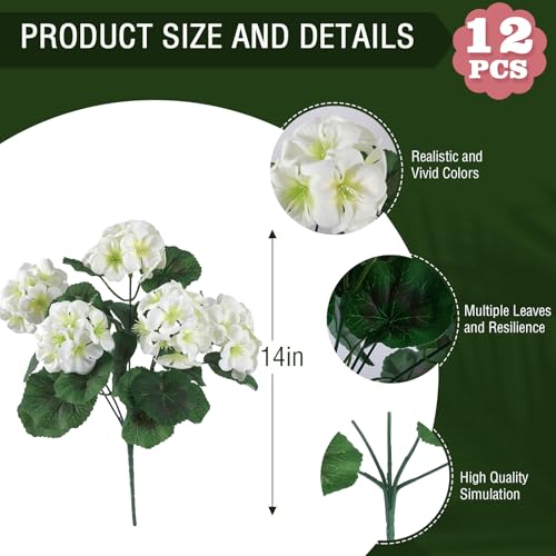 12 Pcs Artificial Geranium Flowers for Outdoors Geranium White Silk Flowers Outdoor UV Resistant Garden Plants Faux Flowers for Home Kitchen Table Centerpieces Decor