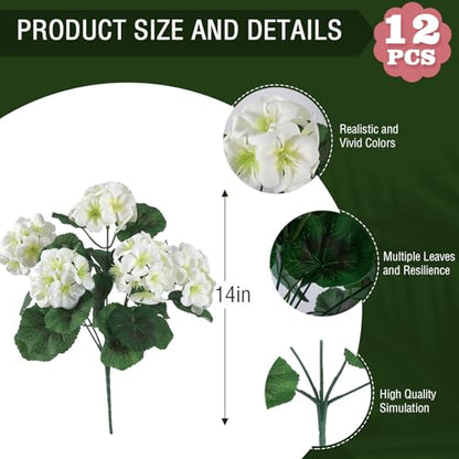 12 Pcs Artificial Geranium Flowers for Outdoors Geranium White Silk Flowers Outdoor UV Resistant Garden Plants Faux Flowers for Home Kitchen Table Centerpieces Decor