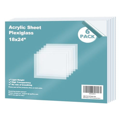 Plexiglass Sheets Acrylic Sheets 6 Pack of 18x24’’ 0.04 Thick Clear Plastic Cast Transparent Plexi Glass for Crafting Projects
