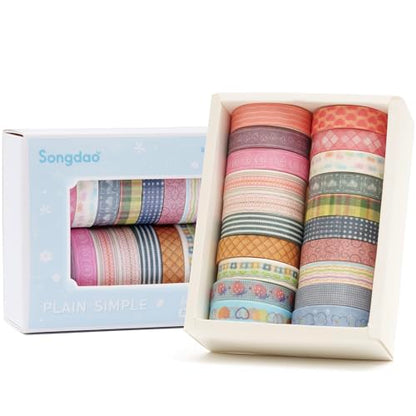 20 Rolls Basic Washi Tape Set Japanese Arts Adhesive Tapes Simple Patterns Decorative Masking Tape Sets for Craft (20 Count)