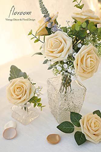 Artificial Flowers 50pcs Real Looking Creamy Yellow Foam Fake Roses with Stems for DIY Wedding Bouquets Bridal Shower Centerpieces Floral Arrangements Party Tables Home Decorations (50 Count)