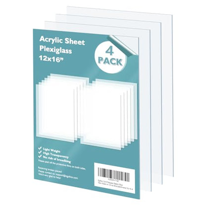 Plexiglass Sheets Acrylic Sheets 4 Pack of 12x16’’ 0.04 Thick Clear Plastic Cast Transparent Plexi Glass for Crafting Projects