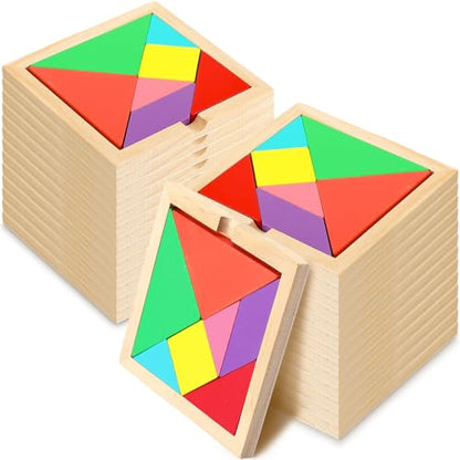 24 Pack Wooden Tangram Puzzles for Students (24 Count)