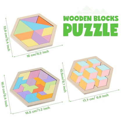3 Pack Large Wooden Blocks Puzzles Hexagon Tangram Puzzle Wooden Russian Brain Puzzles for Adult Challenge Teasers Geometric Jigsaw Logic Iq STEM Educational Gift Graduation (3 Count)