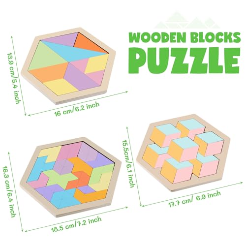3 Pack Large Wooden Blocks Puzzles Hexagon Tangram Puzzle Wooden Russian Brain Puzzles for Adult Challenge Teasers Geometric Jigsaw Logic Iq STEM Educational Gift Graduation (3 Count)
