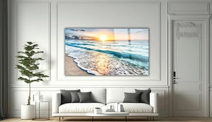 Sea beach ocean white sand Tempered Glass Wall Art Painting for Living Room