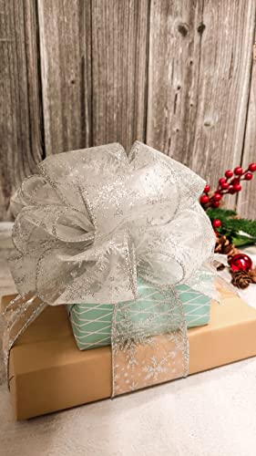 Organza with Silver Glitter Snowflakes Wired Ribbon 2.5 inch x 50 Yards for Christmas Home Decor Tree Topper Bow Gift Wrapping DIY Crafts Wreath Garland Wedding (150 Foot)