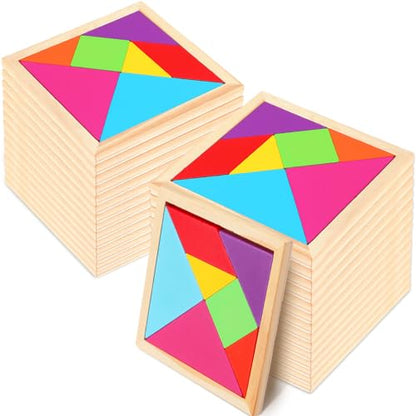 24 Pack Wooden Tangram Puzzles for Students (24 Count)