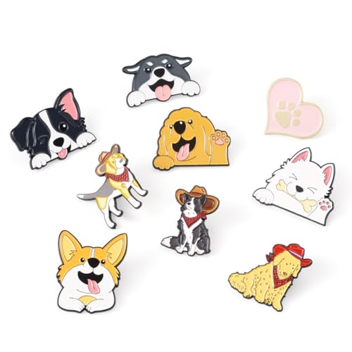 Beadthoven 9Pcs Dog Enamel Pins Cute Pet Puppy Alloy Brooch Pins Novelty Cartoon Animal Lapel Pin Funny Dog &Heart Badge Brooches for Women Men Clothes Hat Backpack Decor (9 Count)