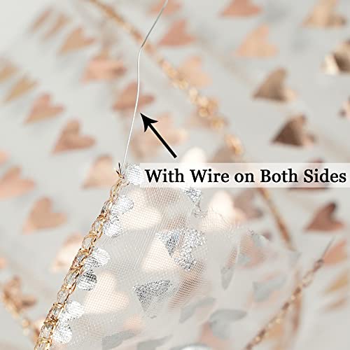 2.5 Inch Rose Gold Heart Wired Ribbon 25 Yards Pink Sheer Ribbons with Hearts Roll Pink Organza Wedding Ribbons Heart Ribbon for Crafts (75 Foot)