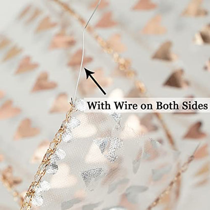 2.5 Inch Rose Gold Heart Wired Ribbon 25 Yards Pink Sheer Ribbons with Hearts Roll Pink Organza Wedding Ribbons Heart Ribbon for Crafts (75 Foot)
