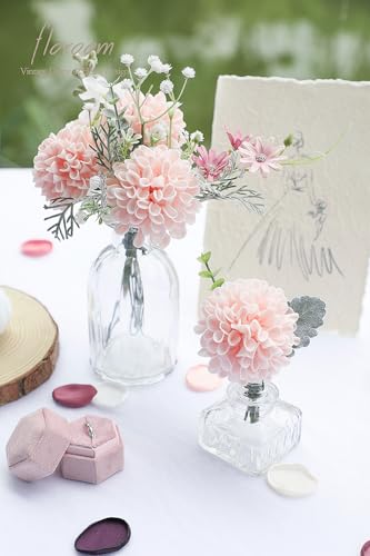 Artificial Dahlia Flowers 25pcs Real Looking Blush Foam Fake Roses with Stems for DIY Wedding Bouquets Pink Bridal Shower Centerpieces Floral Arrangements Party Tables Home Decoration (33 Count)