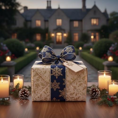 Navy Satin Gold Snowflake Wired Ribbon 2.5 Inch x 10 Yards for Christmas Home Decor Tree Topper Bow Gift Wrapping DIY Crafts Wreath Garland (30 Foot)