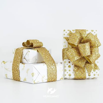 Glitter Gold Diamond Christmas Wired Ribbon 2.5 inch x 10 Yards (30 Foot)