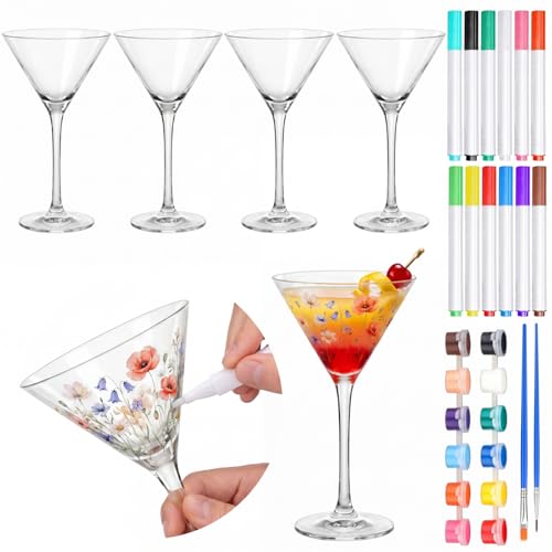 4 Sets Paint Your Own Martini Glasses DIY Kit Personalized Wine Glass Kit with 12 Colors Acrylic 12 Colors Markers Pens Design Your Own Martini Glass for Craft Decoration (4 Count)
