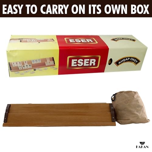 Turkish Okey Game Rummy Cube Game Rummy Cube Set with 4 Straight Wooden Racks Tile Holder and 106 Melamine Tiles Stones in Pouch