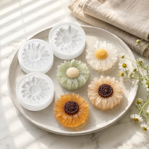 4 Pcs 3D Flower Silicone Molds Daisy Sunflower for Candle Soap Cake Topper (4 Count)