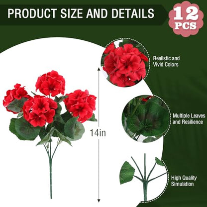 12 Pcs Artificial Geranium Flowers for Outdoors Geranium Silk Red Flowers Outdoor UV Resistant Garden Plants Faux Flower for Christmas Home Kitchen Table Centerpieces Decor (12 Count)
