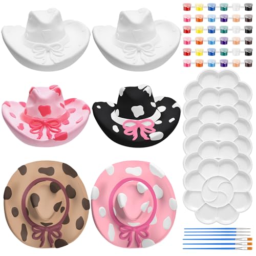 6 Set Cowboy Hat Ceramics to Paint Ready to Paint Your Own Ceramic Cowgirl Hat DIY Unpainted Plaster Paintable Kit Craft with Brush Palette for Adult Western Table Centerpieces Decorations (6 Count)