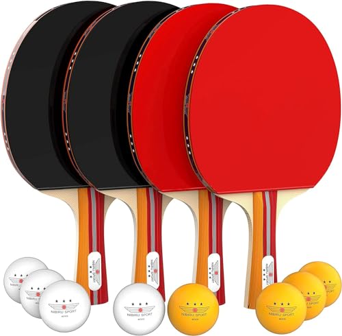 Ping Pong Paddle Set of 4 with 8 Balls & Carry Case for Table Tennis