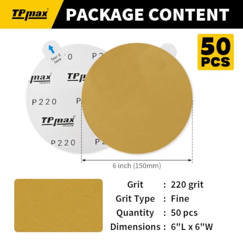 6-Inch 220-Grit Gold PSA Sanding Discs, 50 Pack – Pro-Grade Self-Adhesive Stickyback Sandpaper with Quick-Release Tabs for DA Sander, Fine Automotive/Wood/Metal Sanding (50 Count)