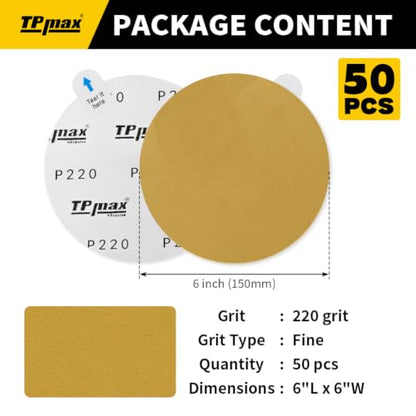 6-Inch 220-Grit Gold PSA Sanding Discs, 50 Pack – Pro-Grade Self-Adhesive Stickyback Sandpaper with Quick-Release Tabs for DA Sander, Fine Automotive/Wood/Metal Sanding (50 Count)